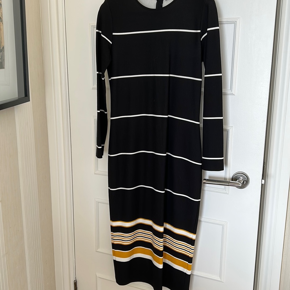 Zara midi navy blue striped dress with white and yellow stripes